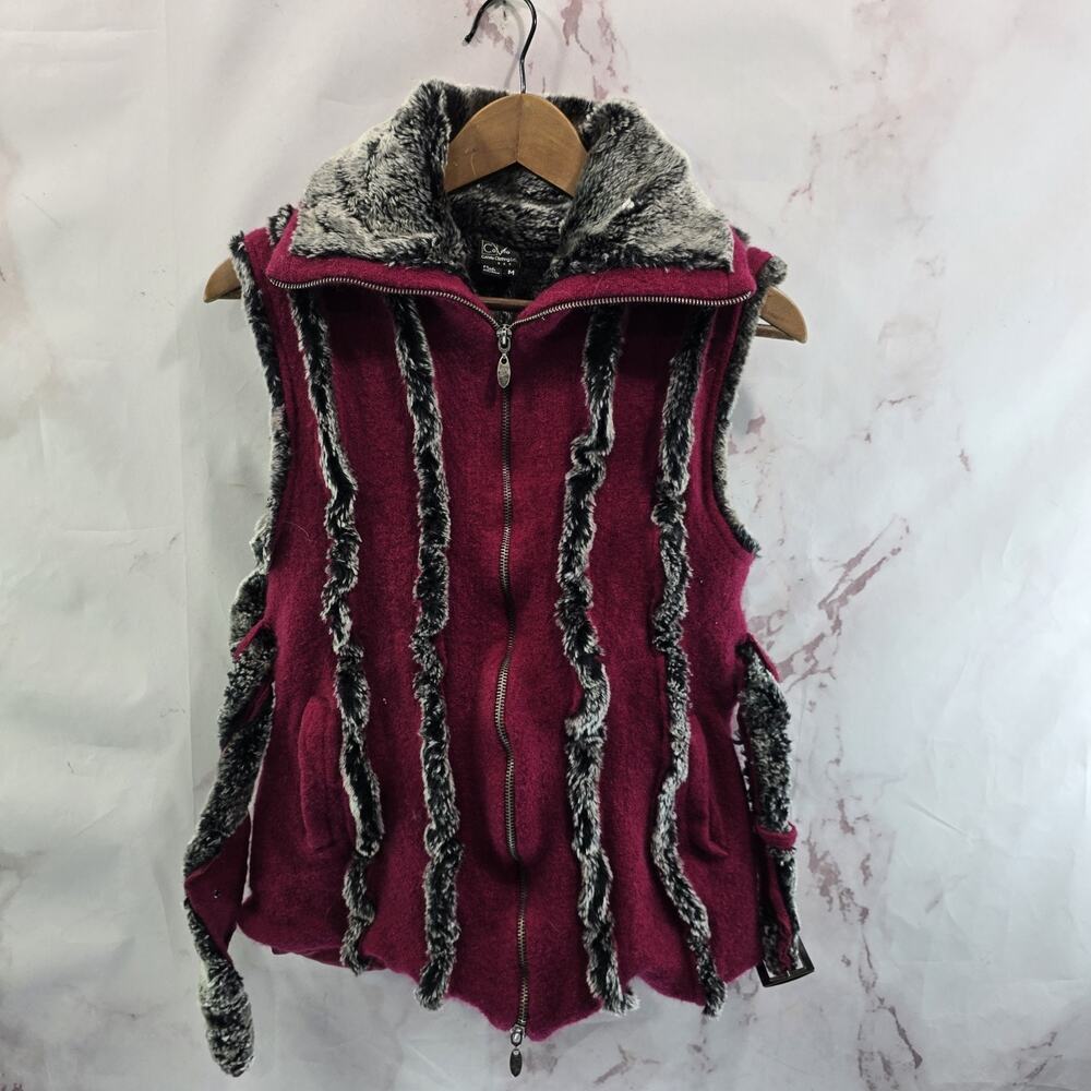 Vintage Wool Vest Womens Small Red Full Zip Felted Boiled Faux Fur Belted